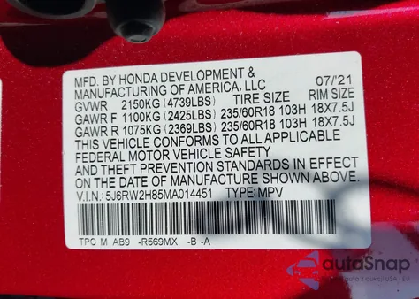 2021 Honda Cr-V Awd Ex-L z USA, uszkodzony, nr VIN 5J6RW2H85MA014451